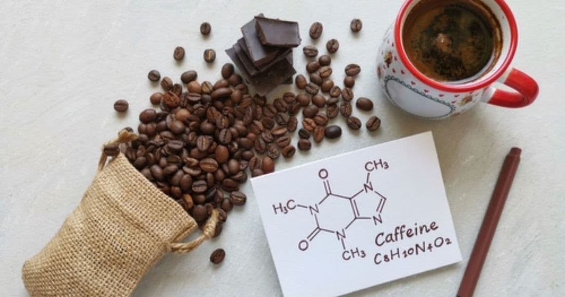 Coffee beans, espresso cup, and caffeine molecule illustration showing what gives coffee its caffeine content.