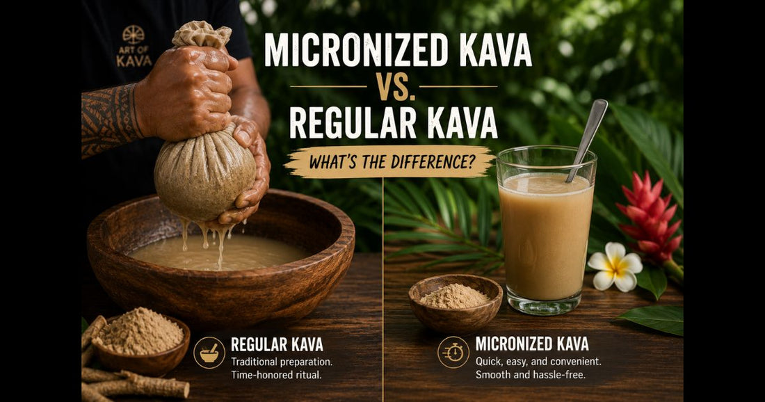 Traditional kava being strained into a wooden bowl beside a glass of prepared micronized kava, comparing traditional and micronized kava preparation.