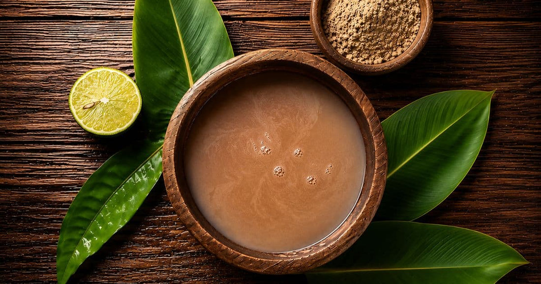 Instant kava prepared in a traditional coconut shell with kava powder, tropical leaves, and fresh lime