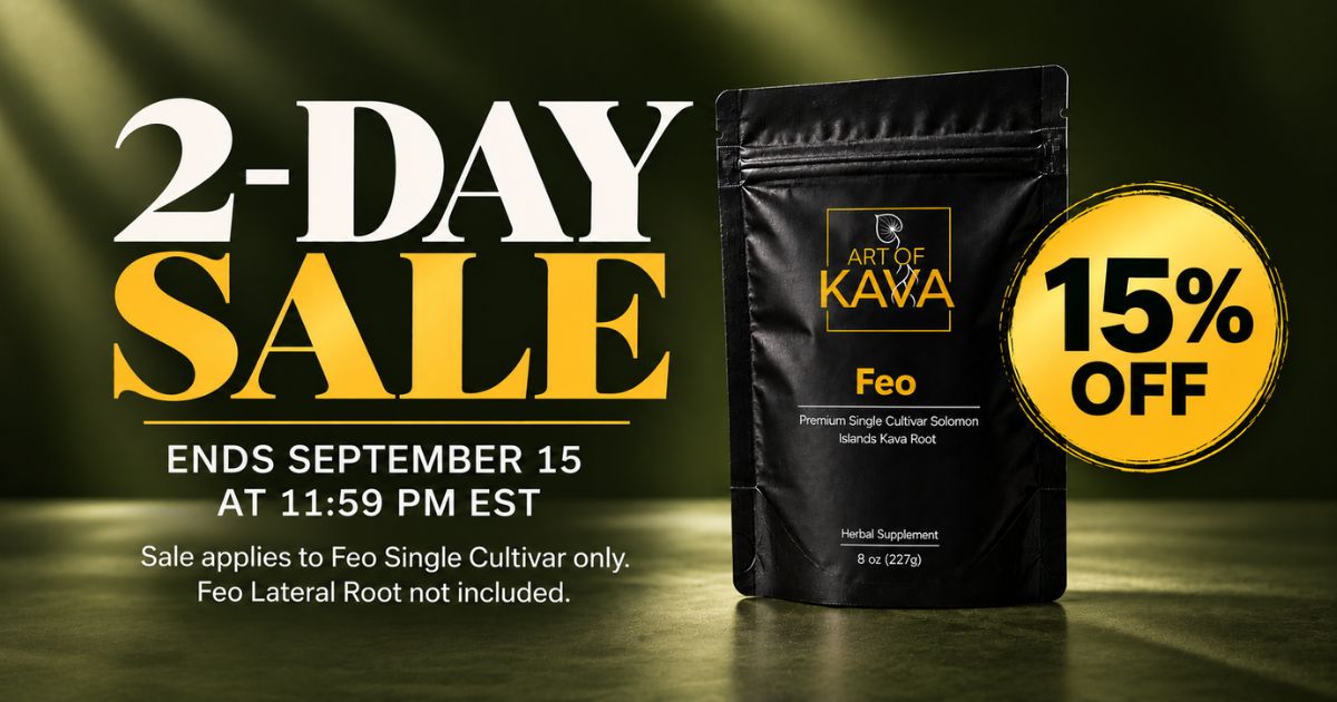 Promotional banner for Art of Kawa Feo Single Cultivar showing a black stand-up pouch on a dark green gradient background with large sale text reading '2-DAY SALE' and a yellow '15% OFF' badge.