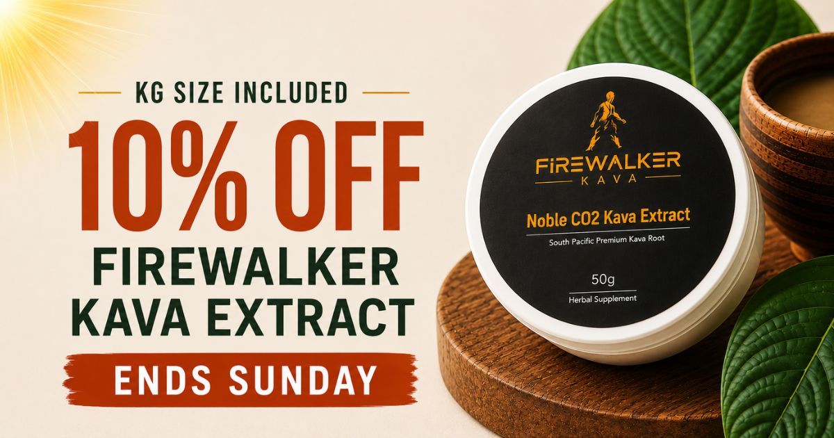Promotional banner for Firewalker Kava Extract, showing a 50g tub of Noble CO2 Kava Extract on a wooden stand with green leaves, alongside large text offering 10% off for KG size included.