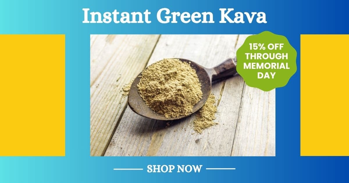 Instant Green Kava powder in a spoon with promotional text on a blue background