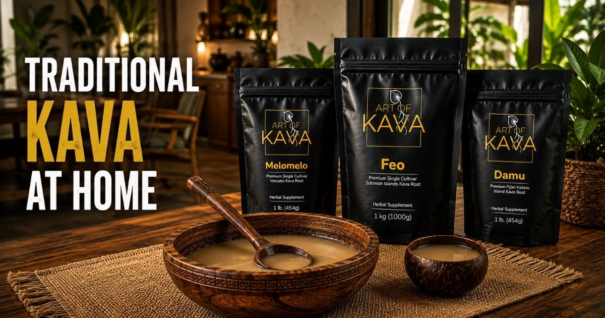 Art of Kava most popular kavas melomelo, feo, and damu sitting next to a tanoa