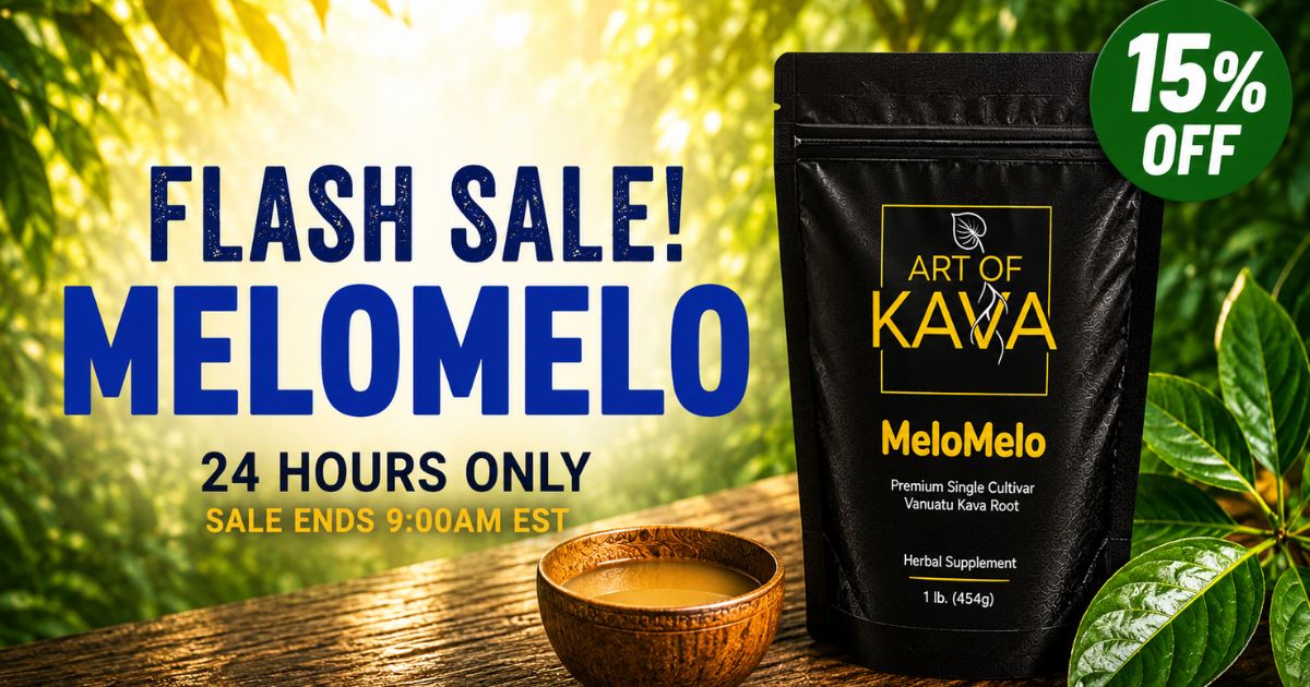 Melomeo herbal supplement pouch by Art of Kawa on a rustic wooden table with a bowl of powder, set against a blurred tropical leaf background. Large text reads 'FLASH SALE! MELOMELO 24 HOURS ONLY' with a green '15% OFF' badge.